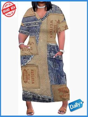 Plus Size Maxi Dress V Neck Short Sleeve with Pockets Soft Jean Look